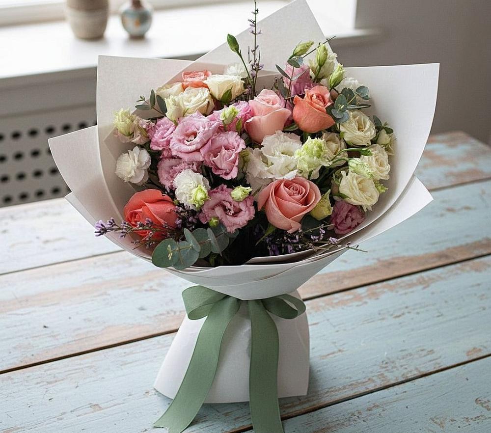 Букет цветов из: Розы, Лизиантусы и Гвоздики в Хотынец