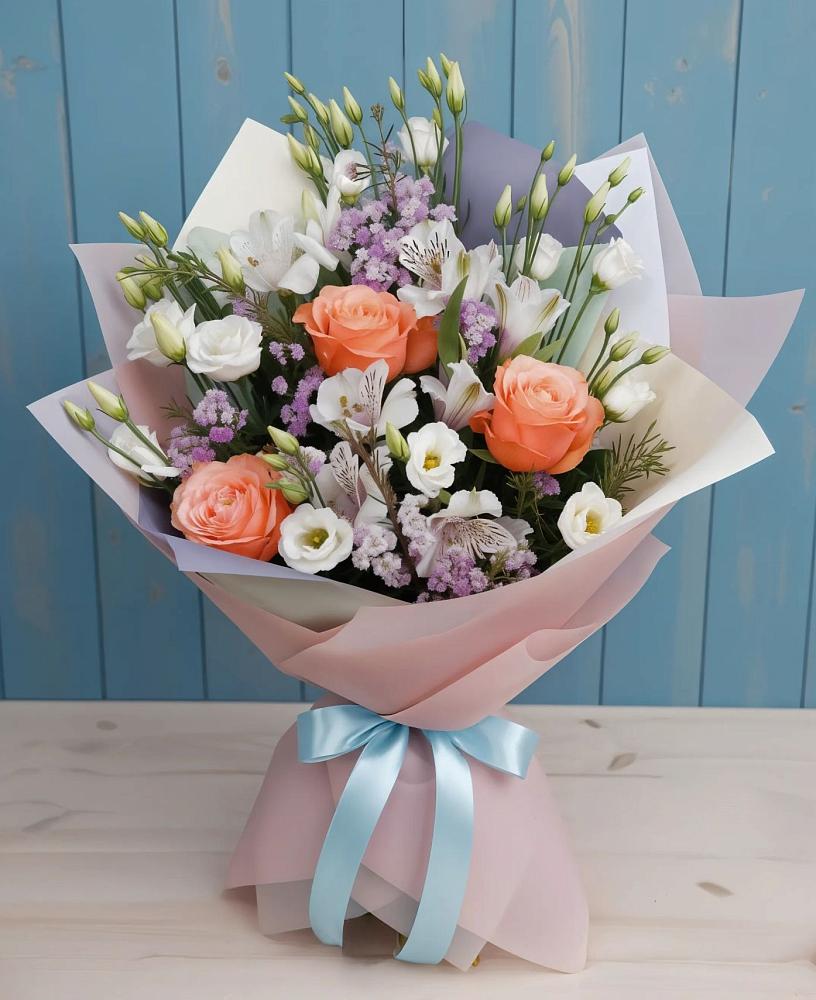 Букет цветов из: Лизиантусы, Розы, Альстромерии и Гипсофила в Хотынец